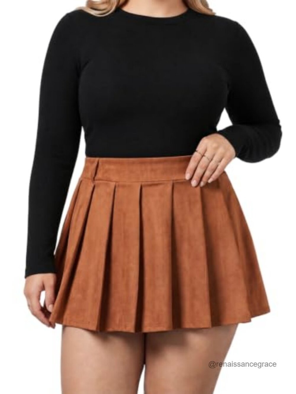 Plus Size Suede Pleated Mini Skort with Built-in Shorts & Pockets